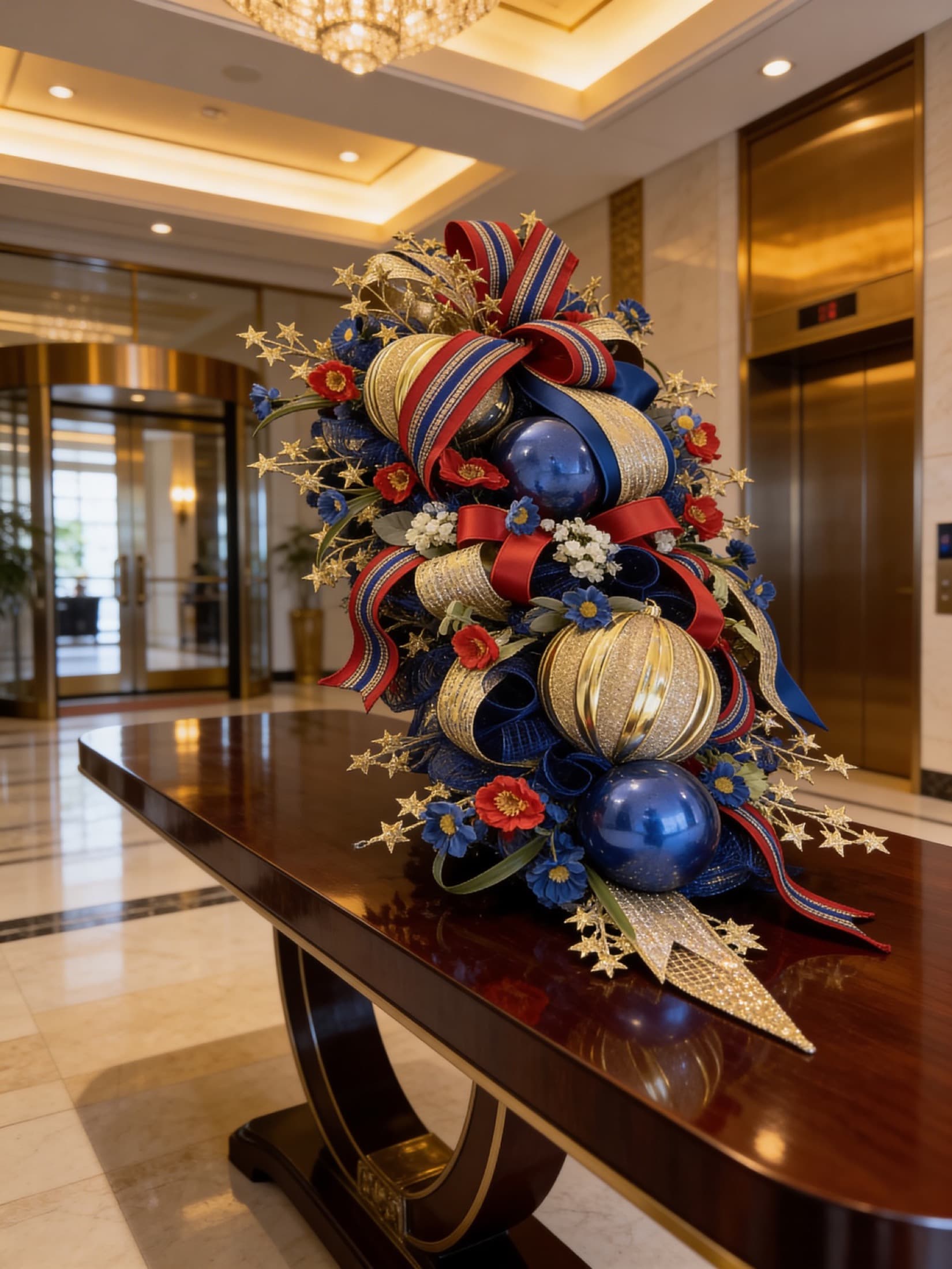 Red, white, and blue holiday swag displayed on a polished table in a lobby.