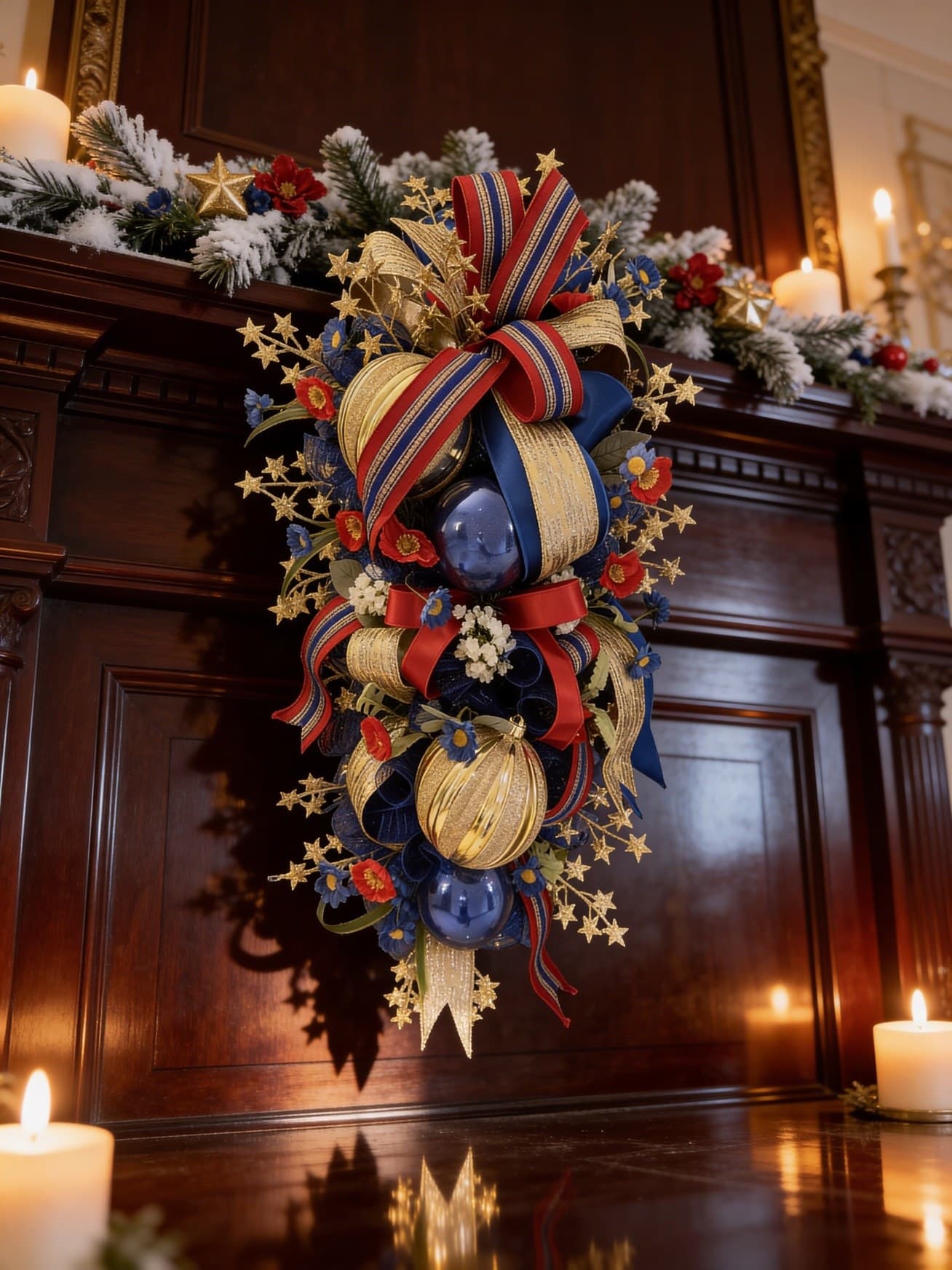 Patriotic mantel swag with blue candles, red ornaments, greenery, and layered ribbon.